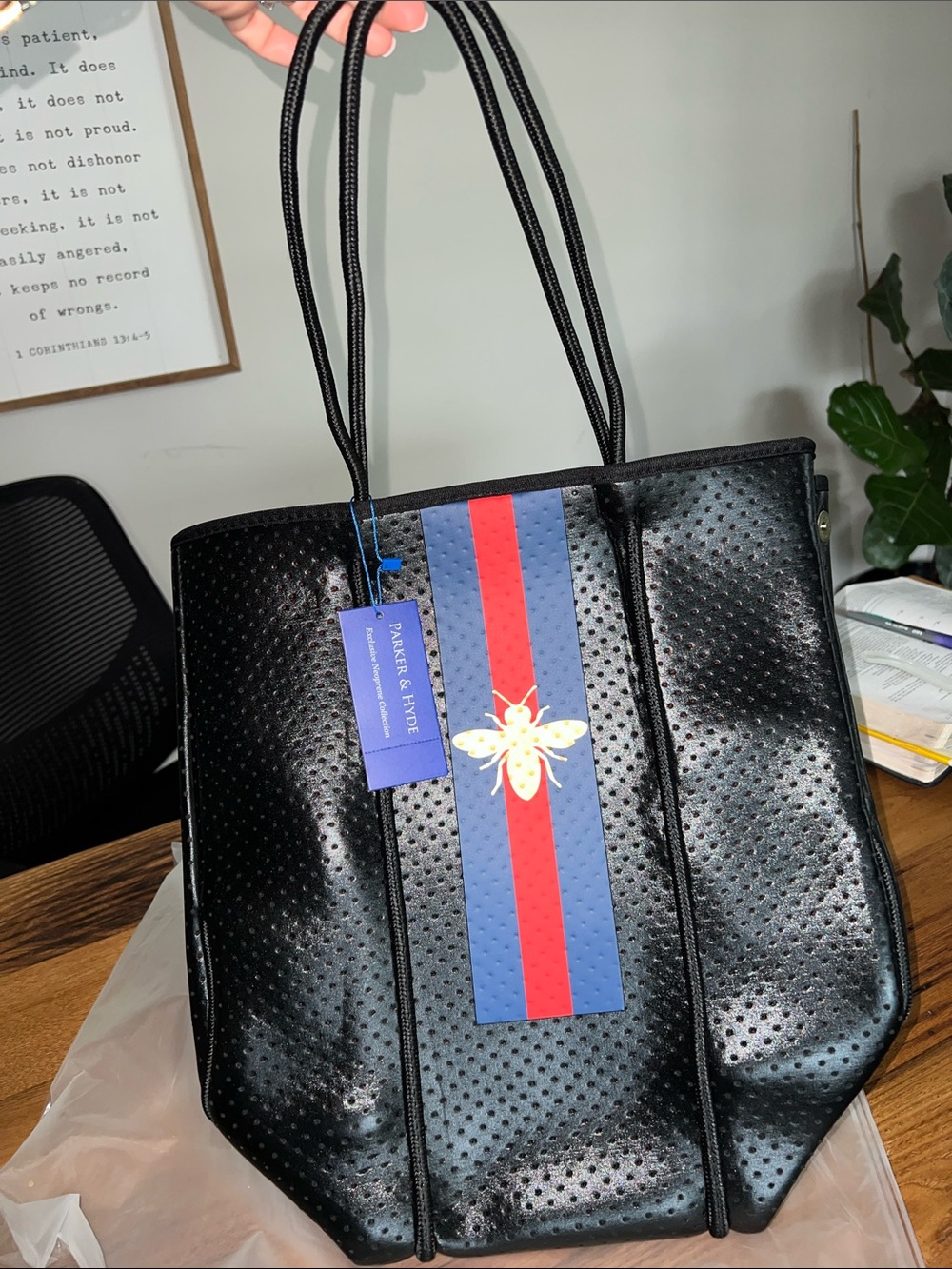 Parker & Hyde Black Perforated Tote with Red & Blue Stripe expandable new pouch